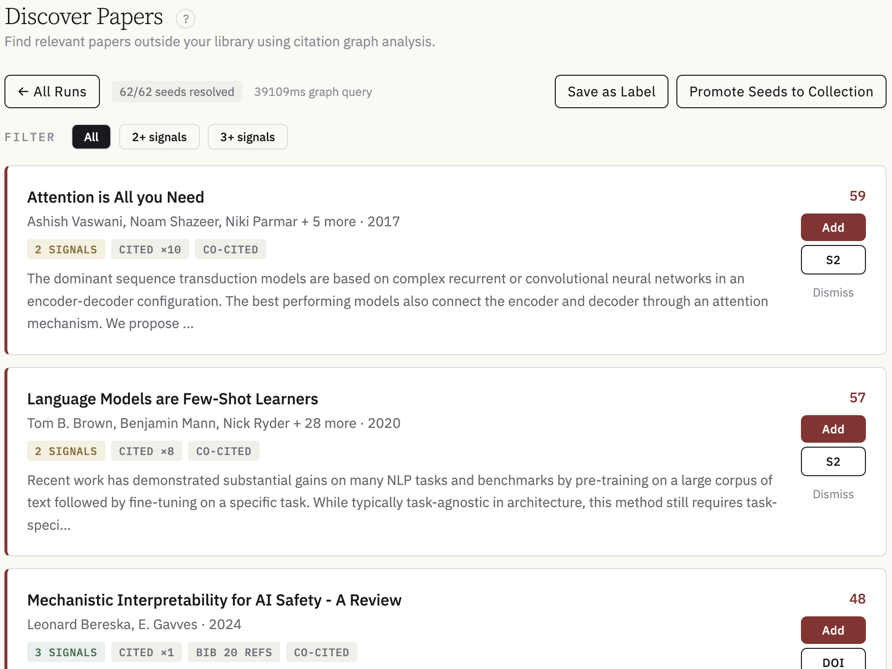 InCite paper discovery showing recommended papers with citation signals and relevance scores